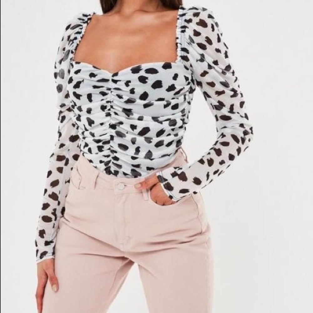 Dalmatian Print Mesh Ruched Milkmaid Top
